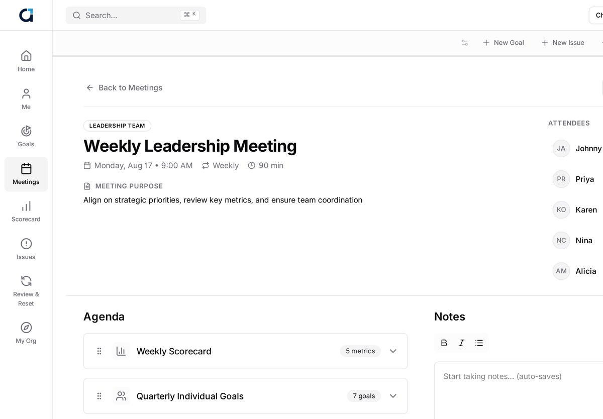 An Alignify weekly staff meeting agenda with goal context